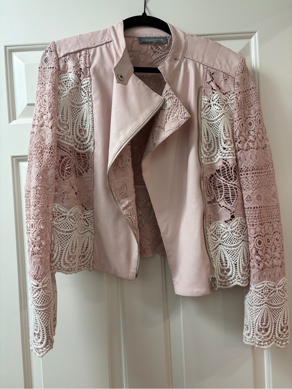 Bagatelle Blush Pink Lace-Panel Moto Jacket